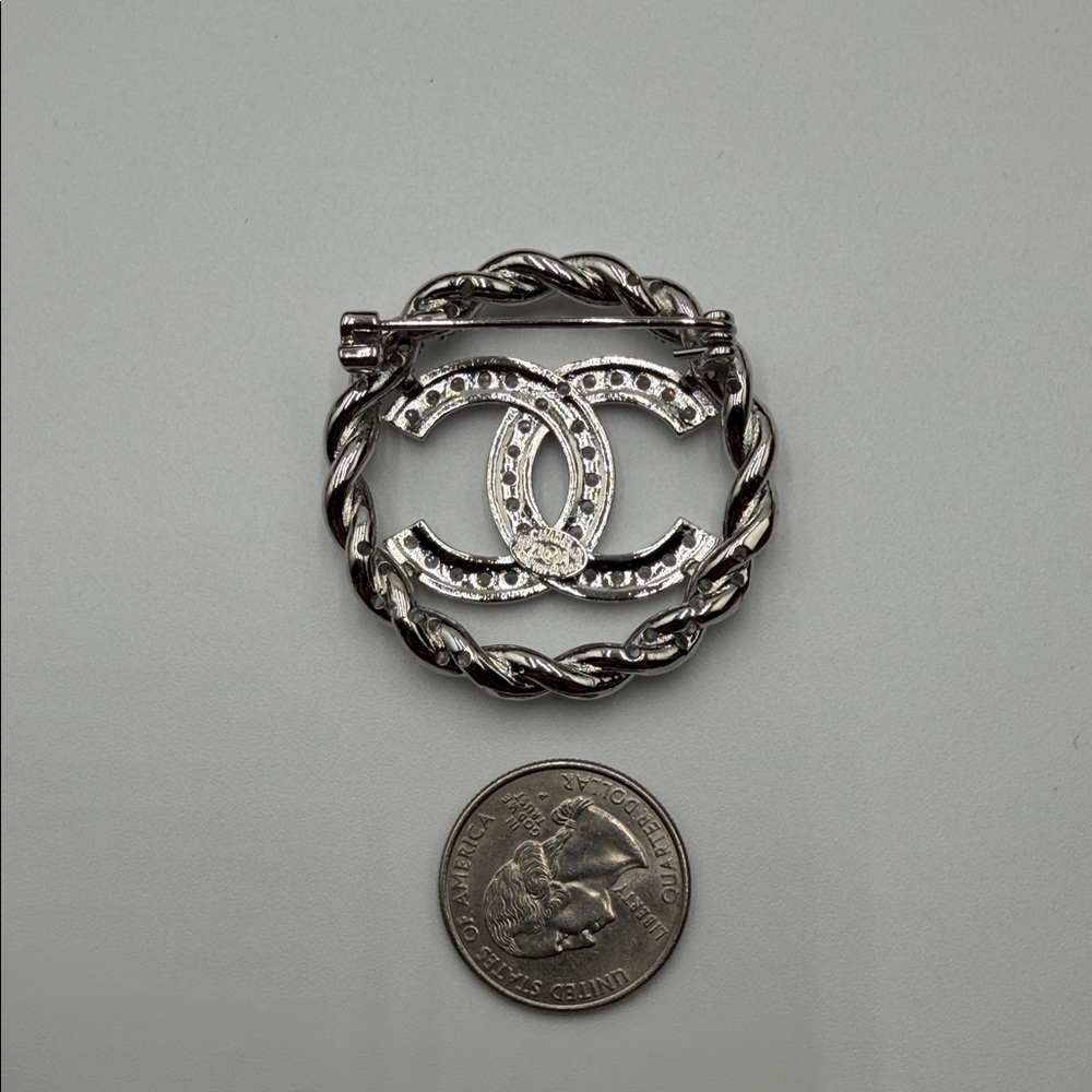 Chic Silver Crystal Interlocking Brooch - image 2